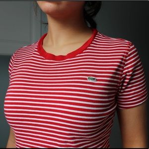 LACOSTE red and white horizontal striped t-shirt